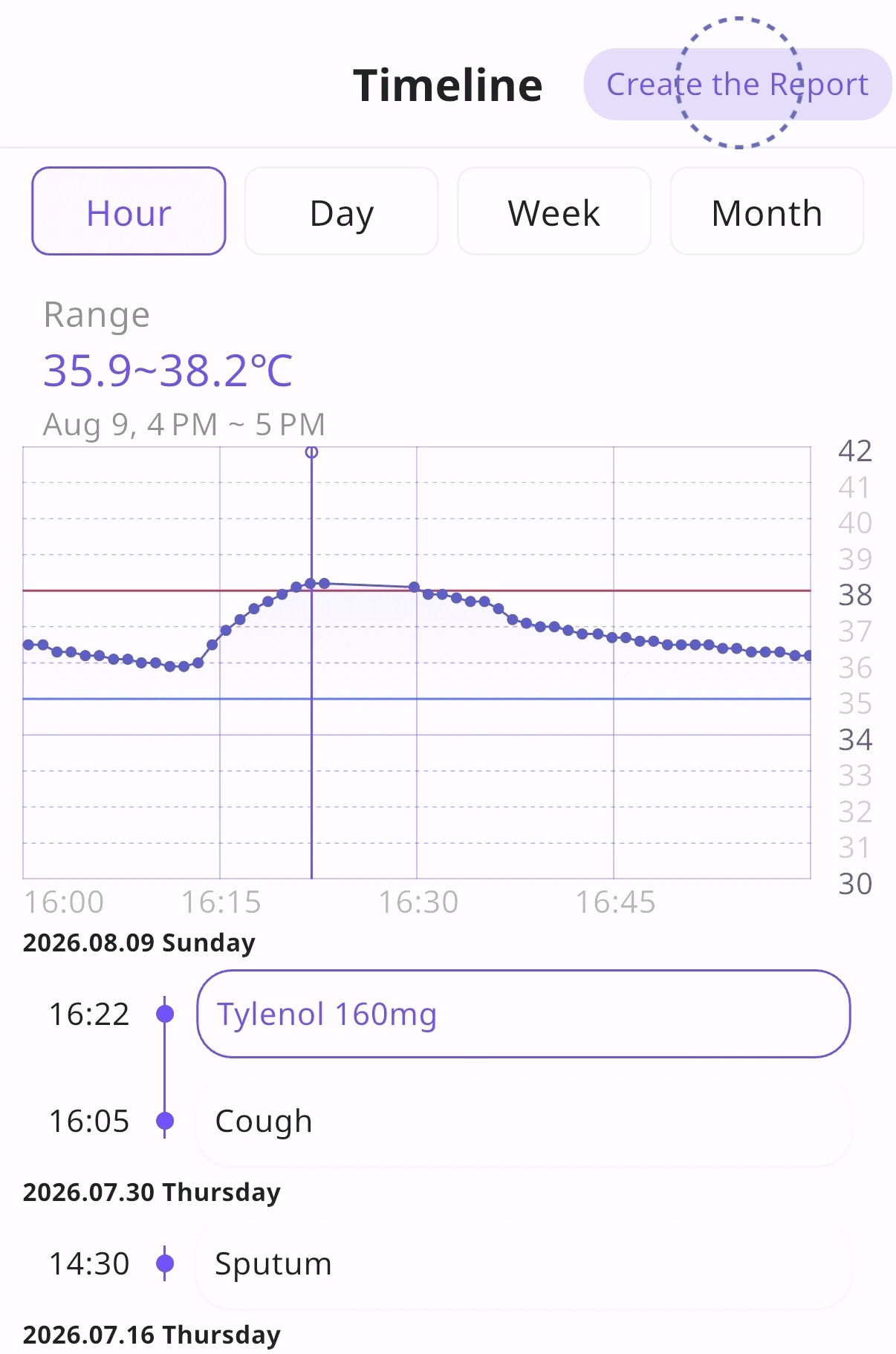 타임라인 화면에서 리포트 생성을 시작하는 모습